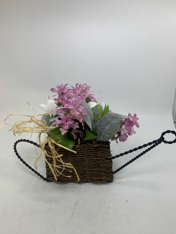 METAL SHAPED WATERING CAN W/ FAUX WHITE PURPLE FLOWERS.