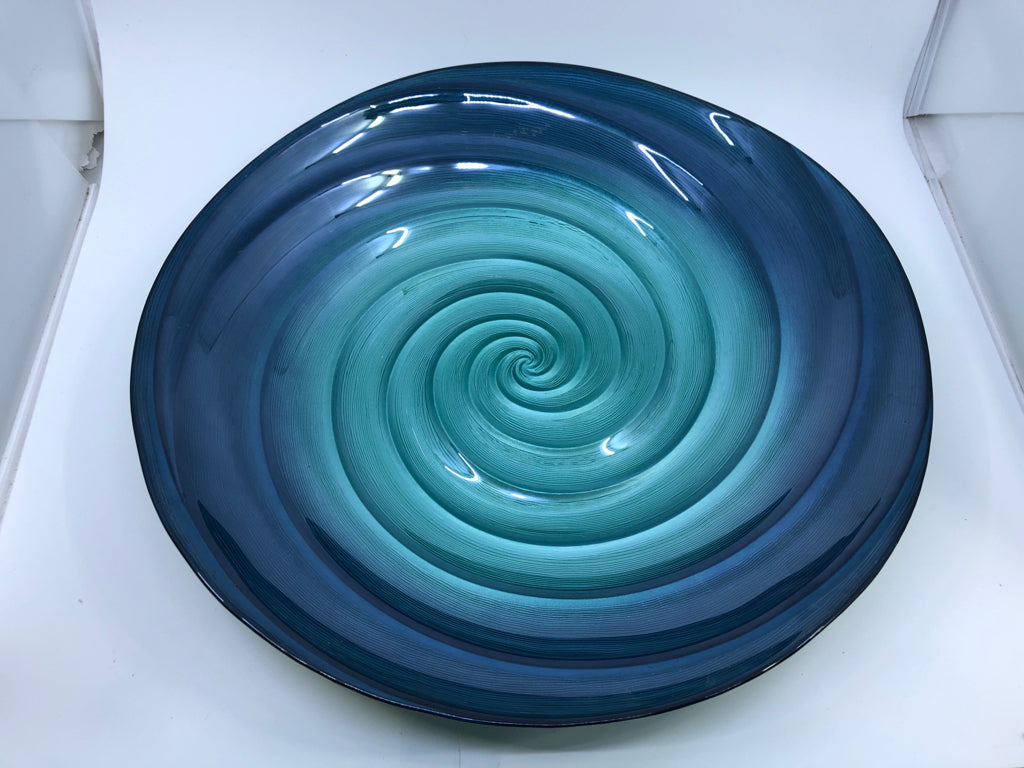LARGE BLUE/TEAL SWIRL GLASS CENTERPIECE BOWL.