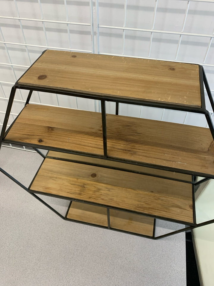 BLACK METAL AND WOOD HEXAGON SHELF W/MIRROR.