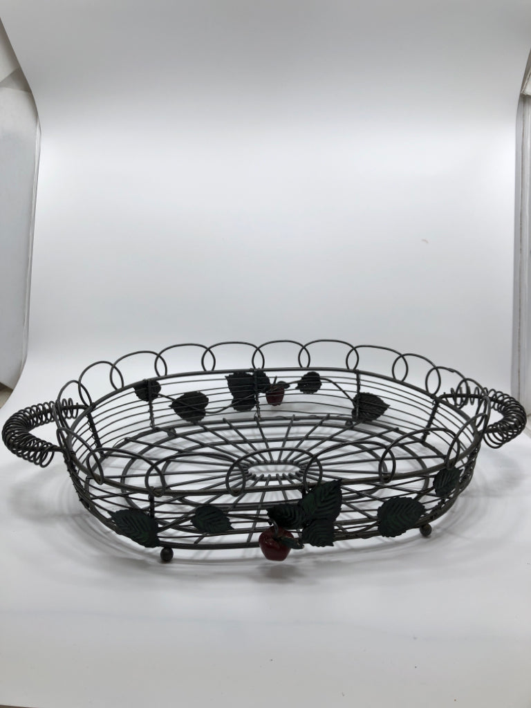 METAL BASKET W/APPLE+LEAVES DESIGN & WIRE HANDLES.