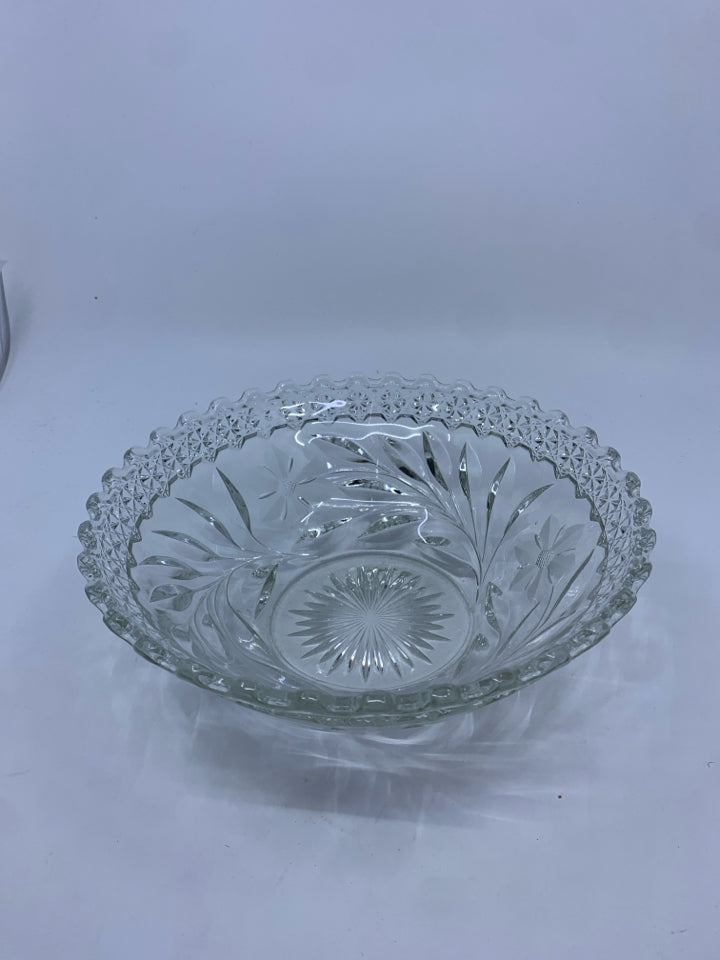 WAVY EDGE FLORAL ETCHED CUT GLASS BOWL.