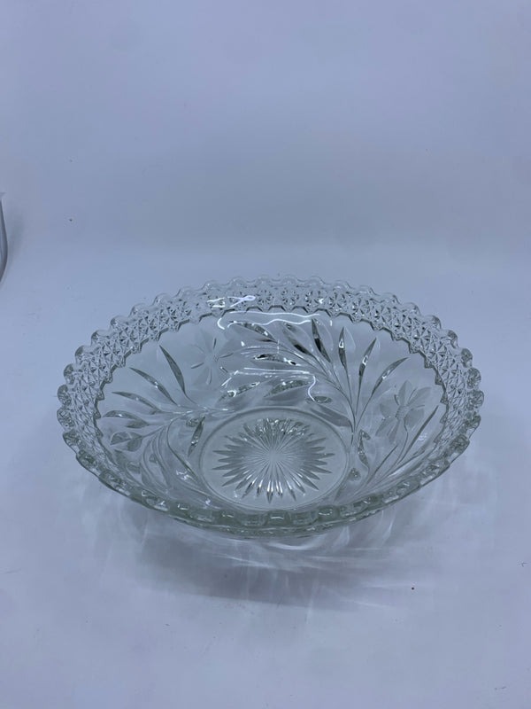 WAVY EDGE FLORAL ETCHED CUT GLASS BOWL.