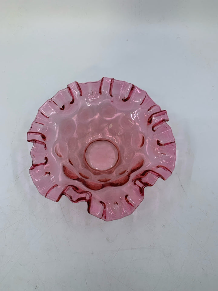 BLOWN GLASS BLUSH PINK CANDLE DISH W/ RUFFLED EDGE.