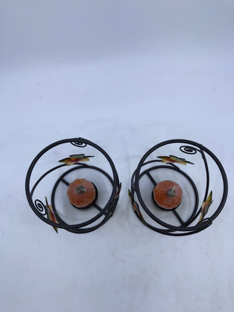 2 BLACK METAL LEAF CANDLE HOLDERS W PUMPKIN TEA LIGHTS.