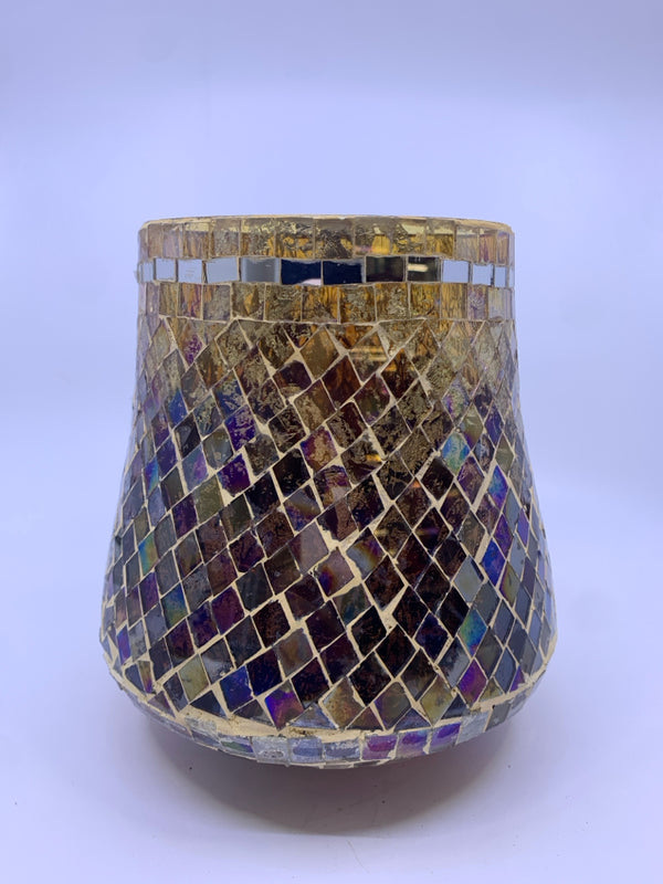 BROWN GLASS MOSAIC CANDLE HOLDER.