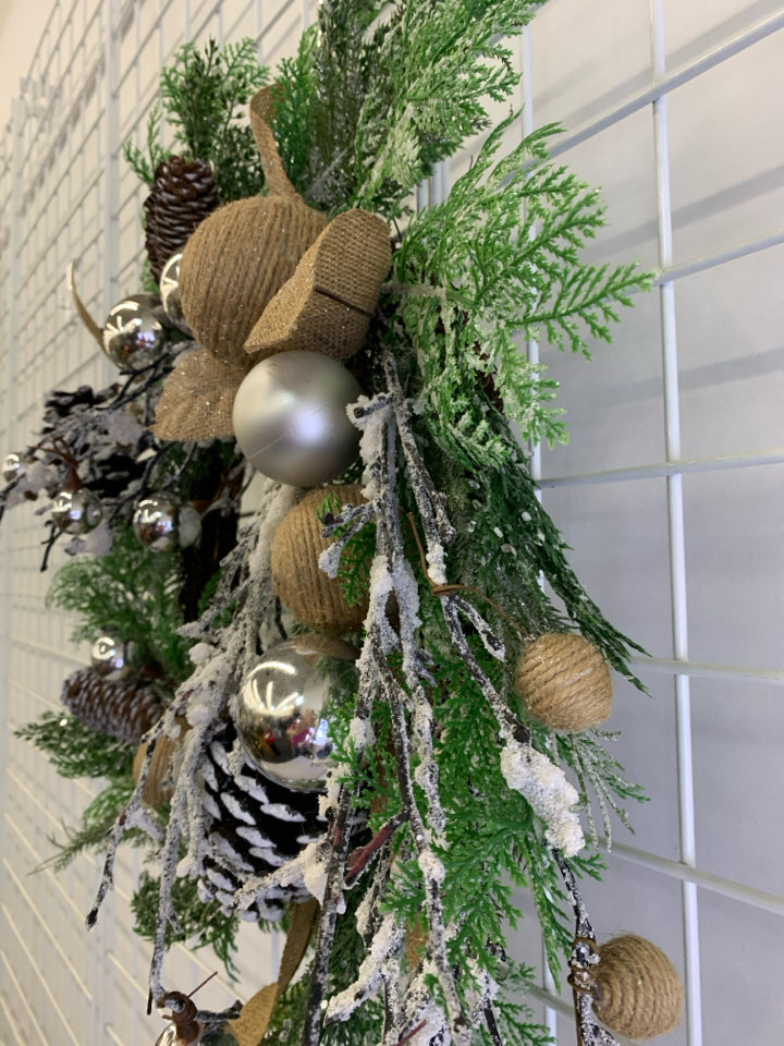 FROSTED FAUX PINE WREATH SILVER BALLS.