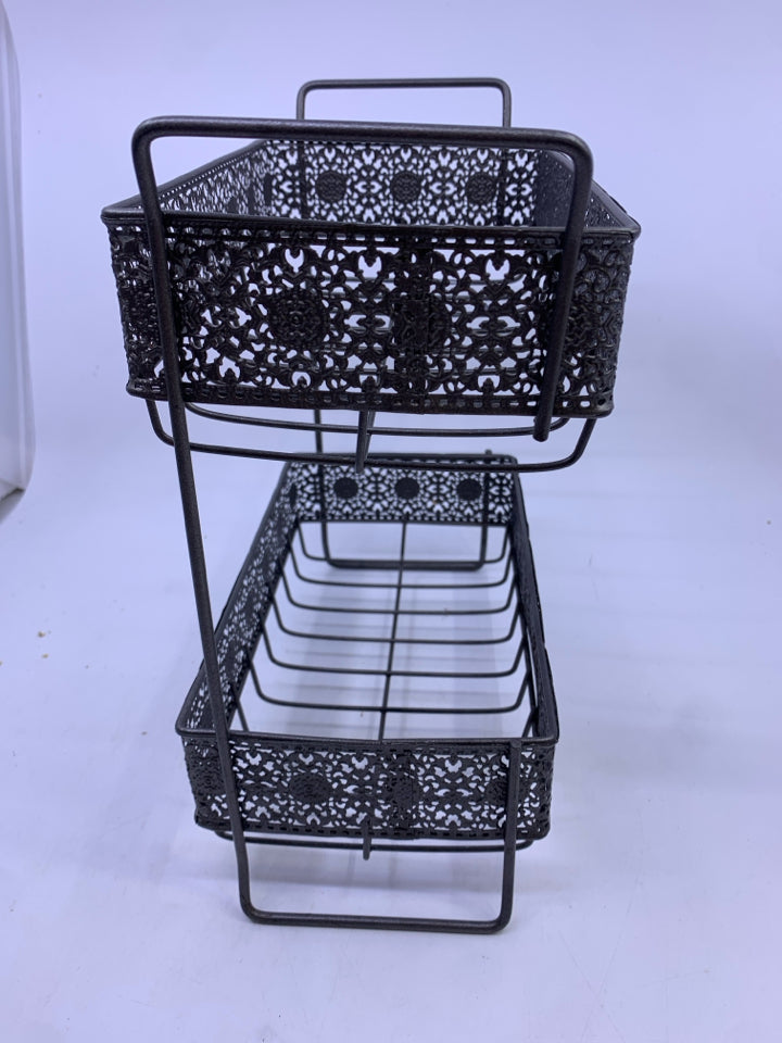 2 TIER GREY METAL STORAGE W/ LACE DETAILED BAND.