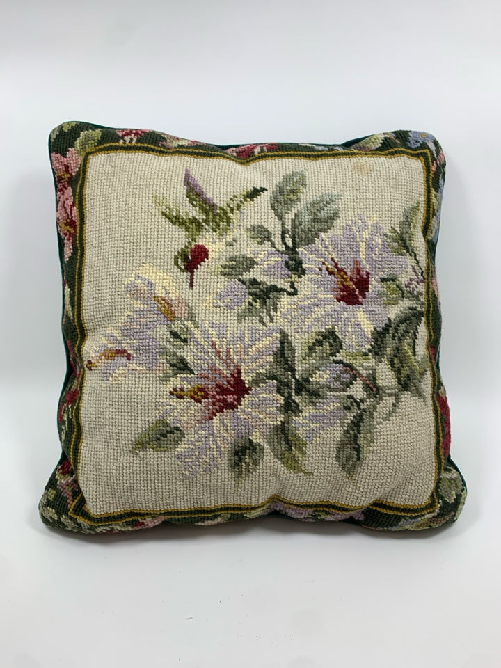 NEEDLE POINT FLORAL ACCENT PILLOW.