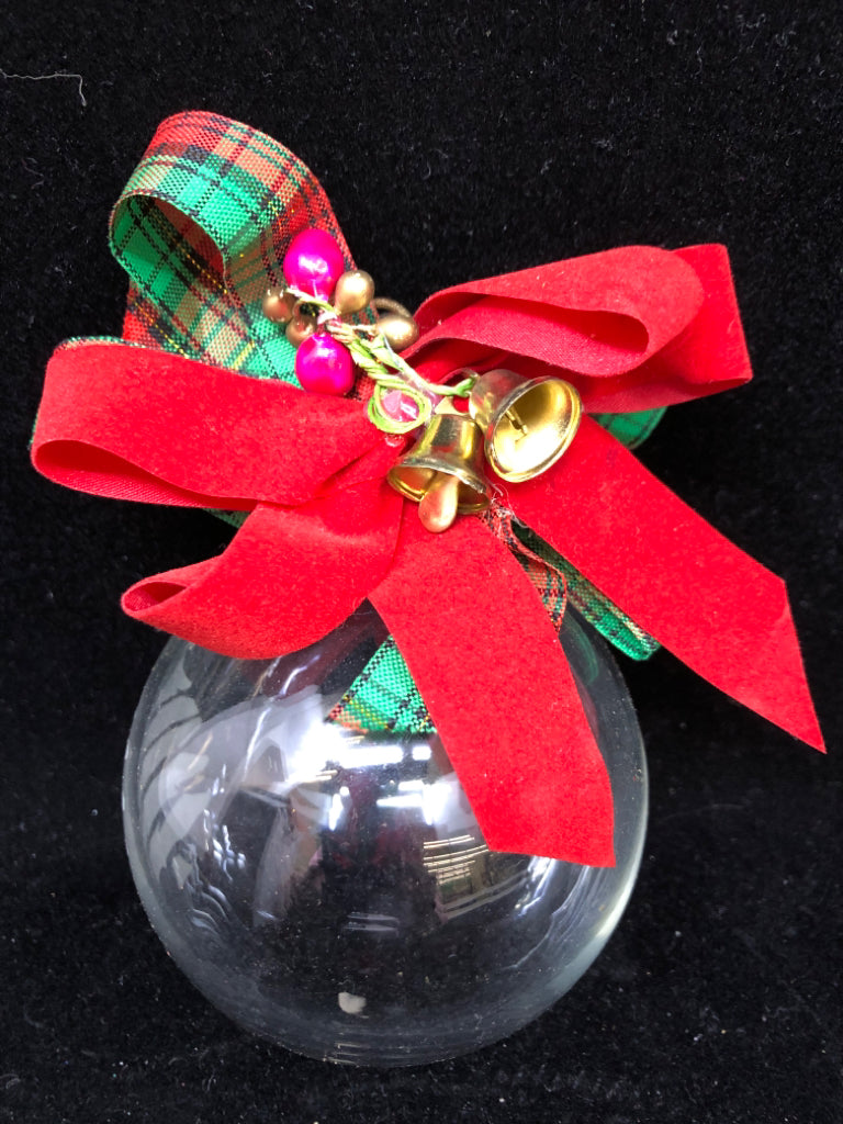 PRINCESS HOUSE GLASS ETCHED TREE ORNAMENT WITH PLAID BOW.