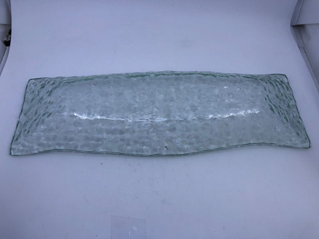HEAVY GREEN TINT GLASS RECTANGLE TRAY W/ TEXTURED CIRCLES.
