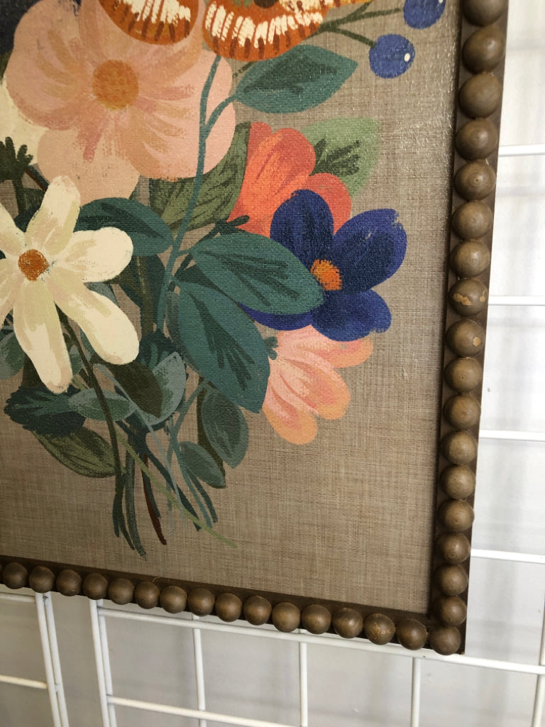 COLORFUL BOUQUET OF FLOWERS IN ARCHED BEADED EDGE FRAME WALL ART.