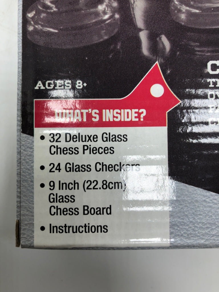 NIB GLASS CHESS CHECKERS SET.