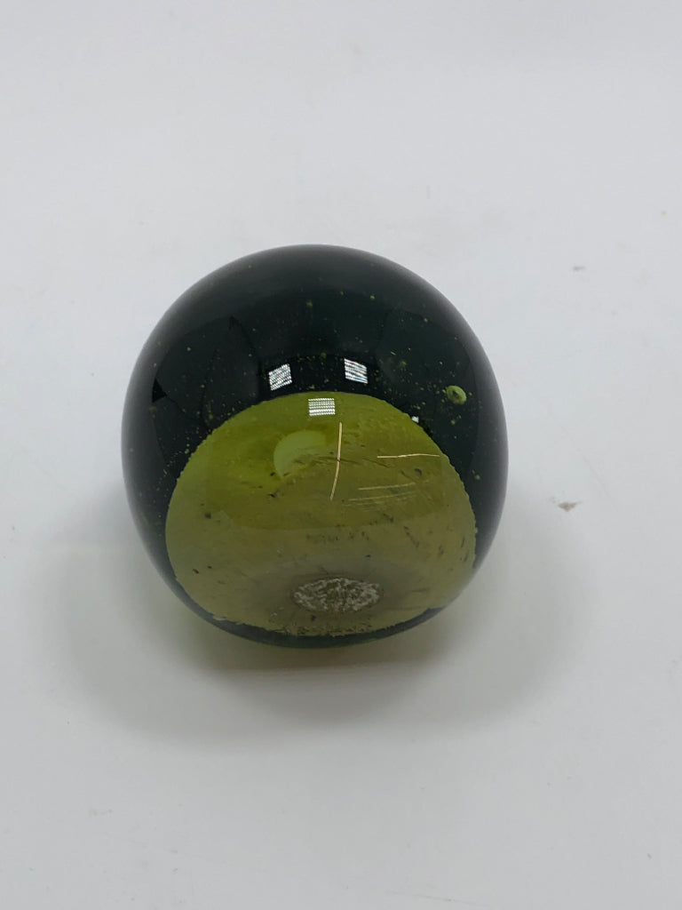 GREEN GLASS PAPER WEIGHT.
