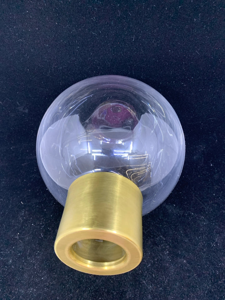 CLEAR GLASS ORNAMENT SHAPED VASE W/ GOLD METAL TOP.