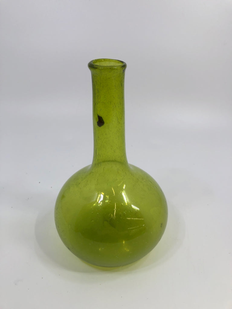 GREEN BLOWN GLASS VASE W/LONG NECK.