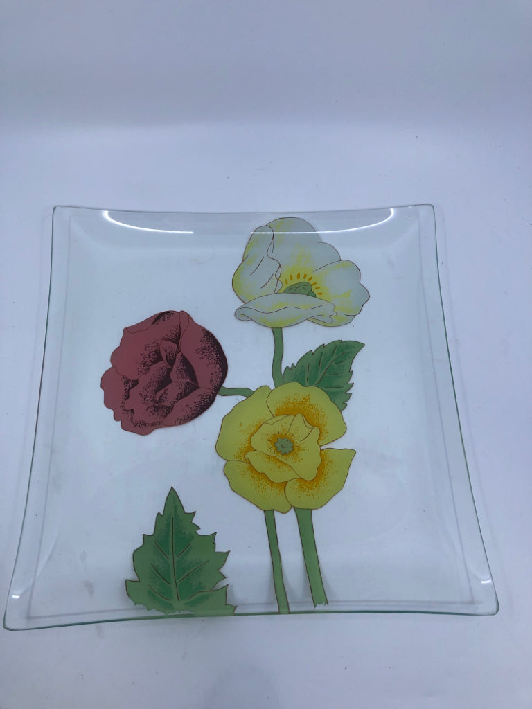 PAINTED FLOWERS ON GLASS PLATE.