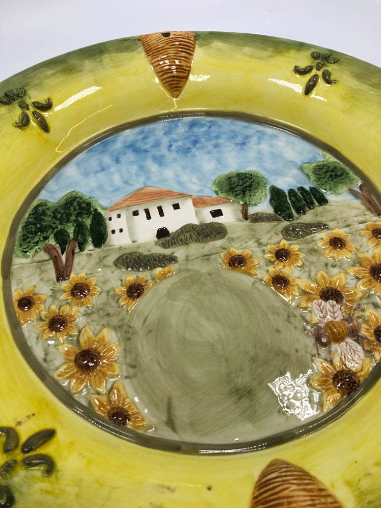 FARMHOUSE AND BEES EMBOSSED PLATTER.