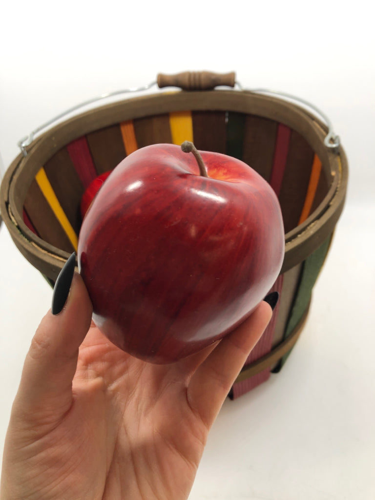 MULTI-COLORED WOODEN PAIL W/BAG OF APPLES.