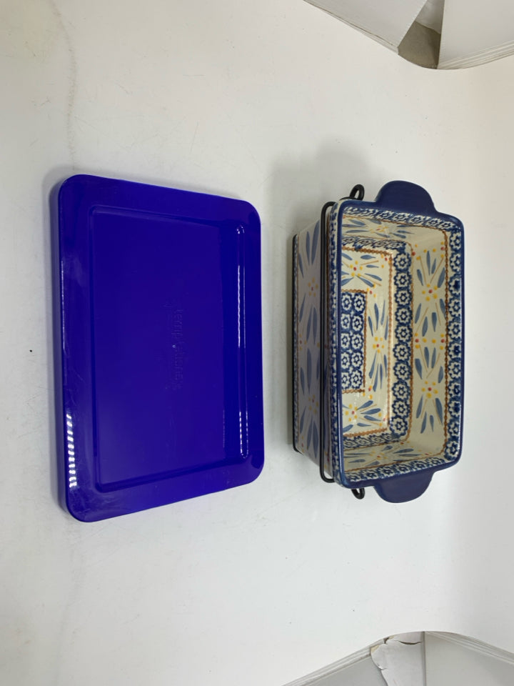 BLUE OLD WORLD LOAF PAN W/ WIRE RACK + LID.