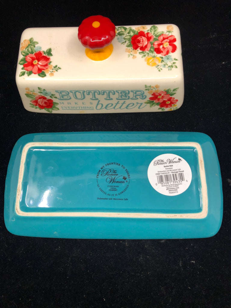 CERAMIC BUTTER DISH W/RED ROSES.