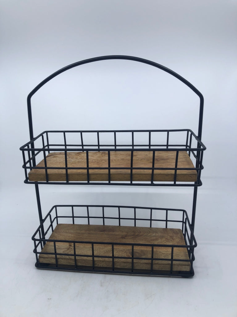 2 TIER BLACK METAL SPICE RACK W/ WOOD BOTTOMS.