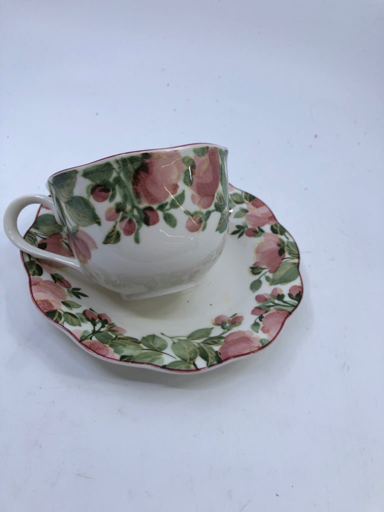 PINK FLORAL WATER COLOR TEACUP AND SAUCER.