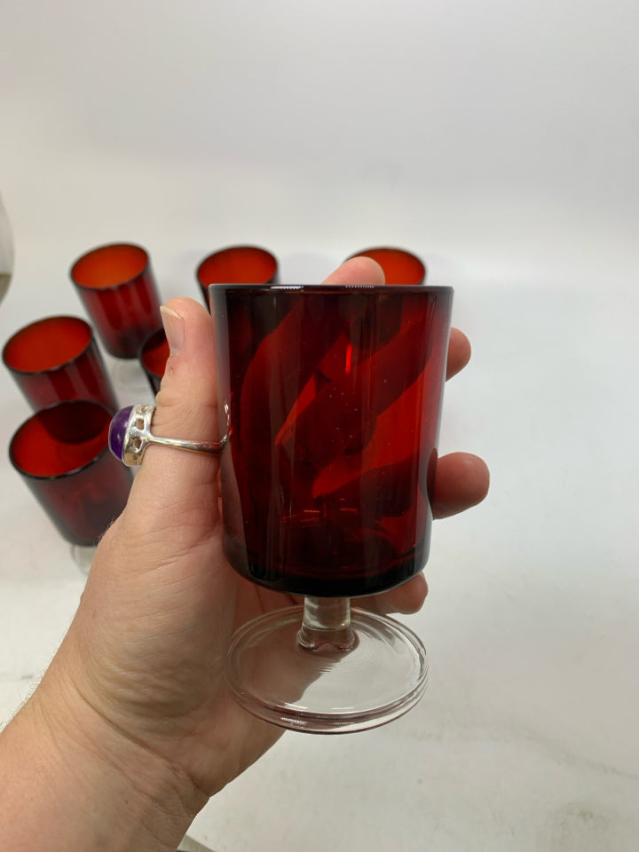 8 CLEAR BASE W/ RED TOP CORDIAL GLASSES.