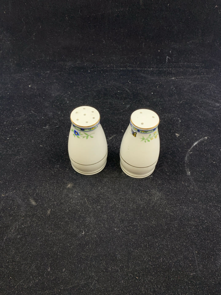 BLUE FLORAL W BUTTERFLIES SALT AND PEPPER SHAKERS.