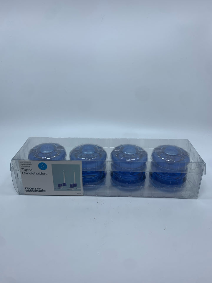NIP BLUE GLASS TAPER CANDLE HOLDERS.