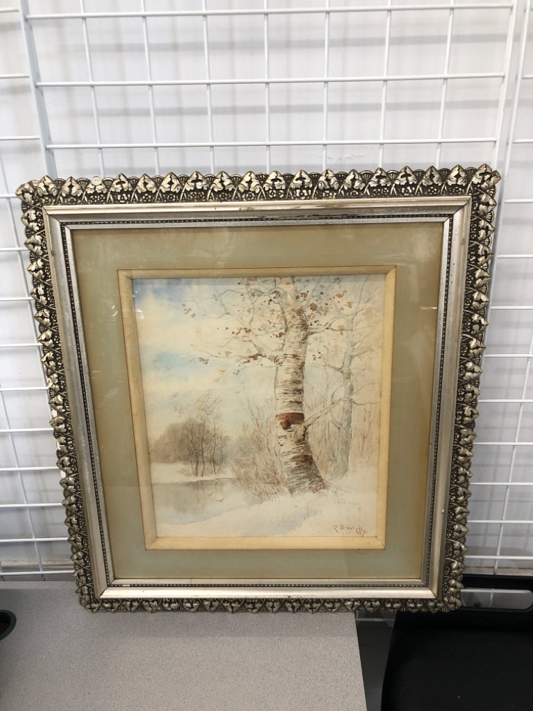 HEAVY WATER COLOR BIRCH TREE W SILVER SAWTOOTH EDGE FRAME.
