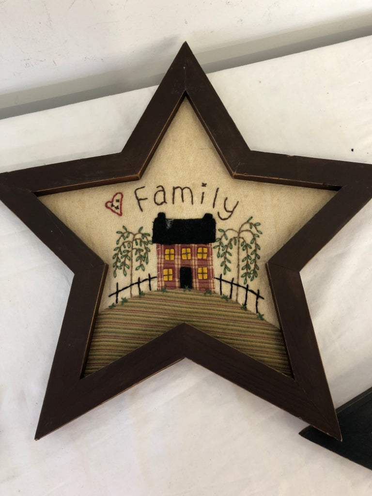 3 PRIMITIVE WOOD/FABRIC STAR WALL HANGING.