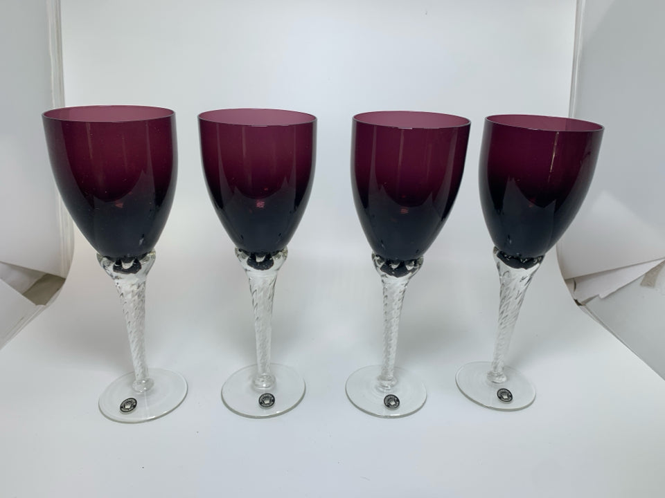 4 DARK PURPLE CRYSTAL WINE GLASSES W/ CLEAR STEMS.