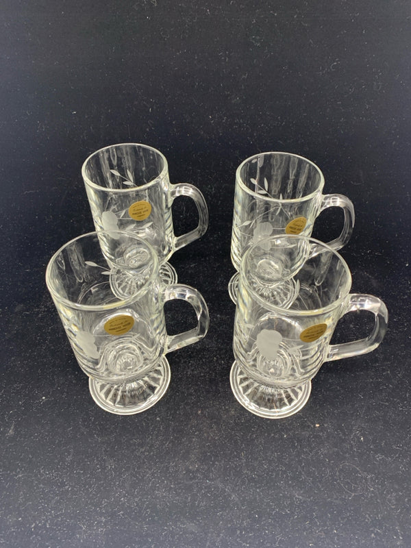 4 IRISH COFFEE FOOTED ETCHED MUGS.