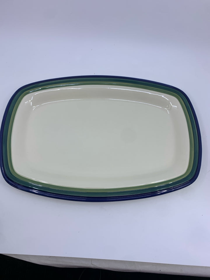RECTANGLE CREAM GREEN BLUE STRIPED PLATTER.