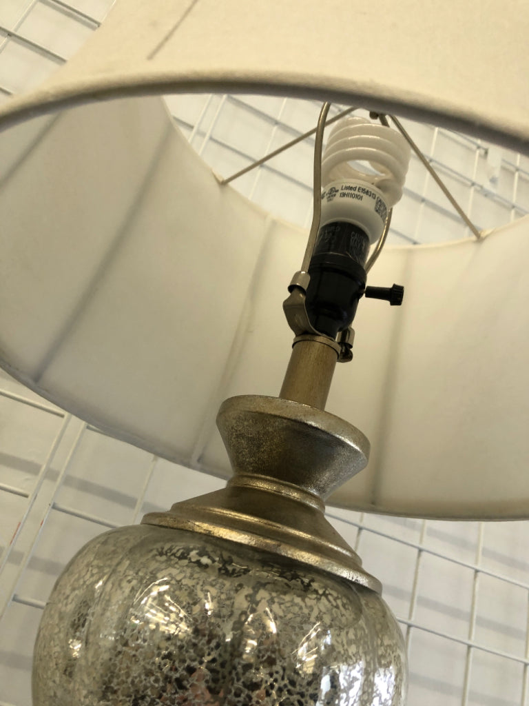 TALL METAL LAMP W/ WHITE SHADE&DISTRESSED BALL DESIGN.