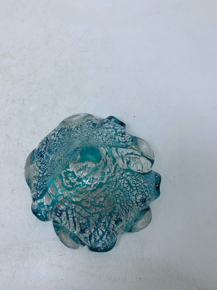 SMALL BLOWN GLASS AQUA/SILVER TRINKET BOWL FOUNDED IN EDGES.
