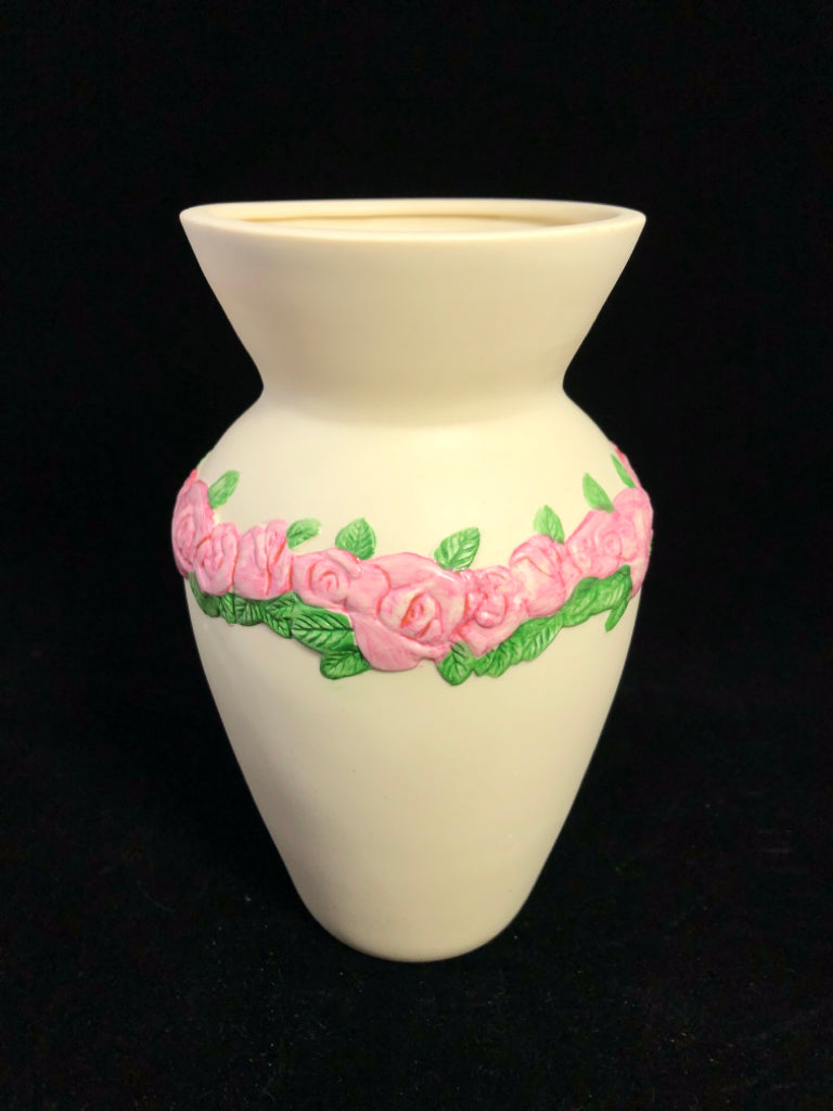WHITE URN STYLE VASE W PINK FLORAL.
