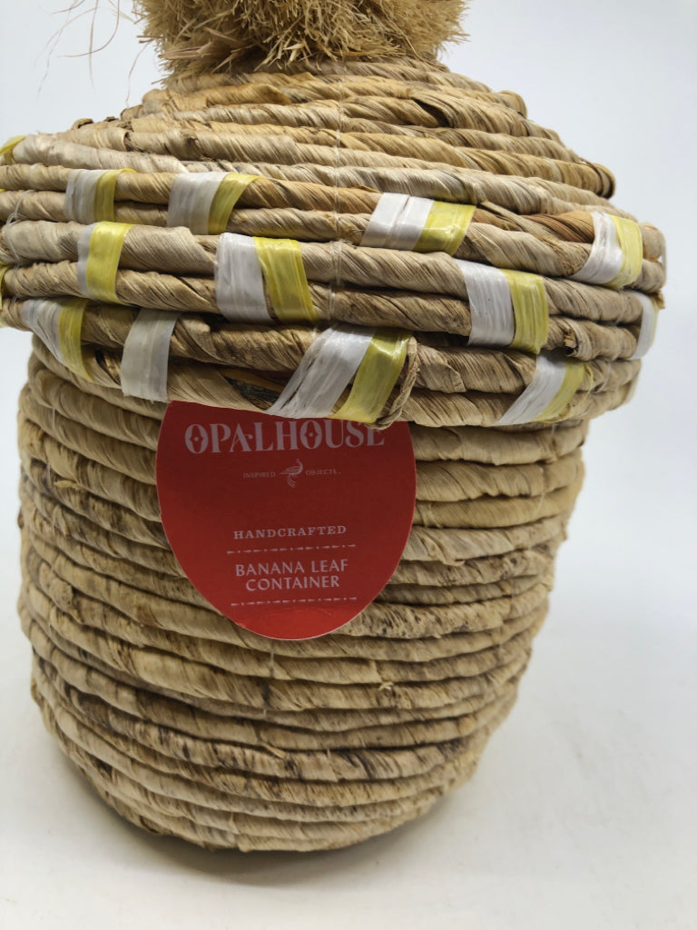 OPAL HOUSE BANANA LEAF WOVEN CONTAINER W/ POM POM.