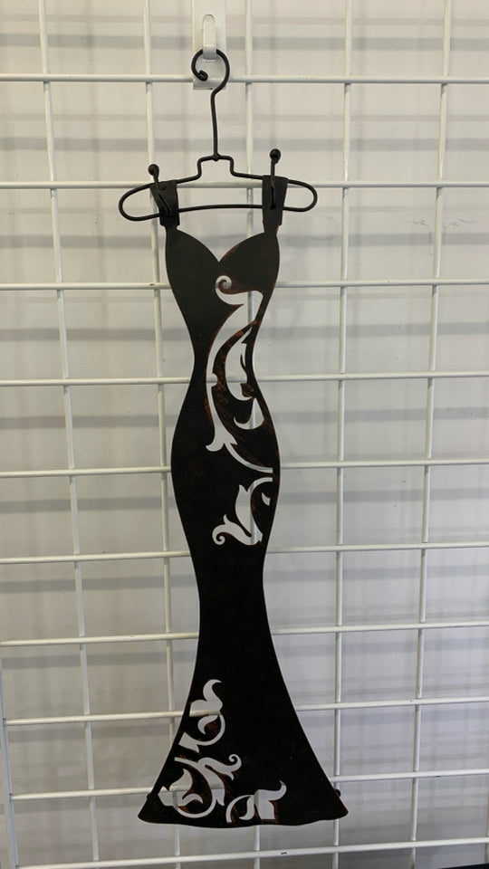 METAL DRESS SHAPED WALL HANGING W/SCARF HOOKS.