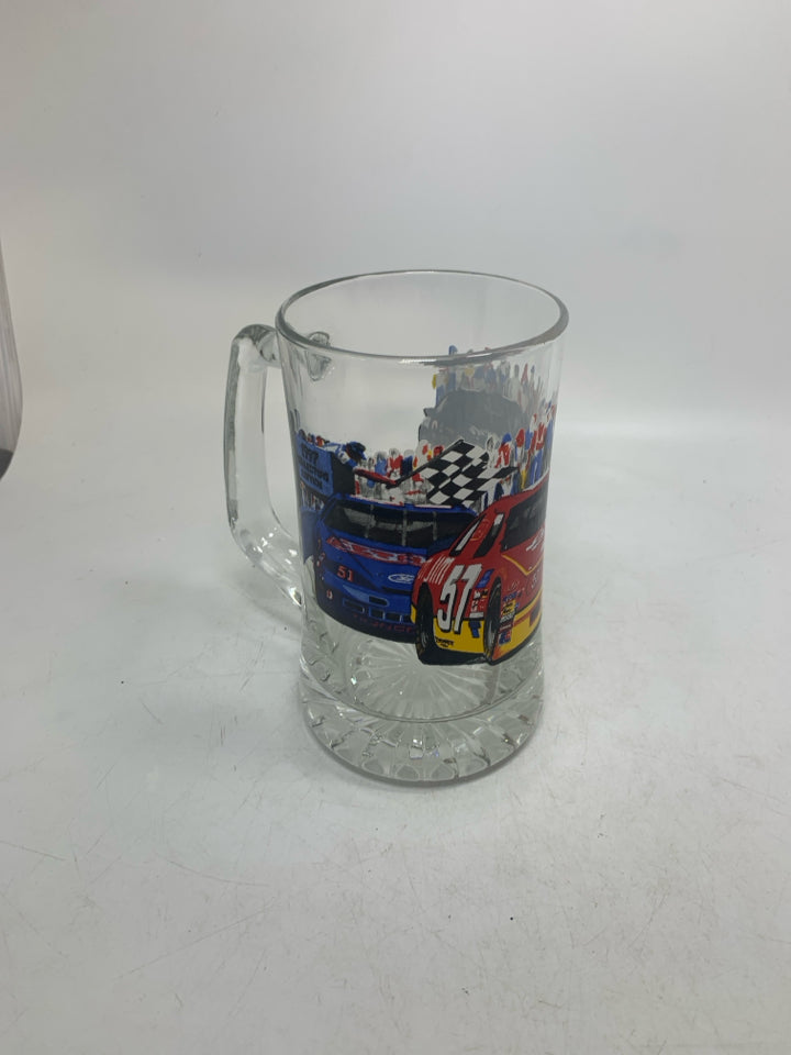 LARGE HEAVY CLEAR GLASS NASCAR STEIN.
