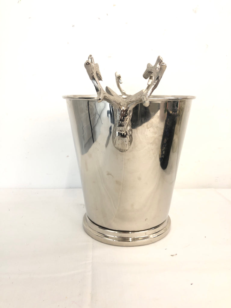 PIER 1 STAINLESS STEAL ICE BUCKET W/ STAG DEER HANDLES.