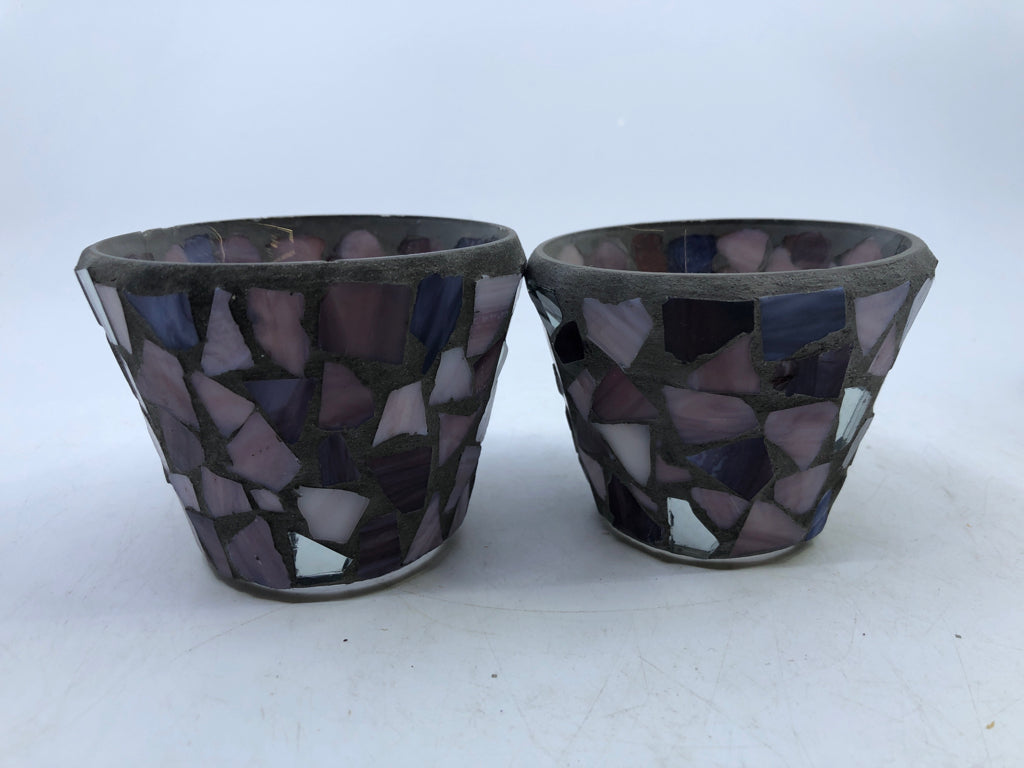 2 PURPLE MOSAIC PURPLE GLASS TEA LIGHT HOLDERS.