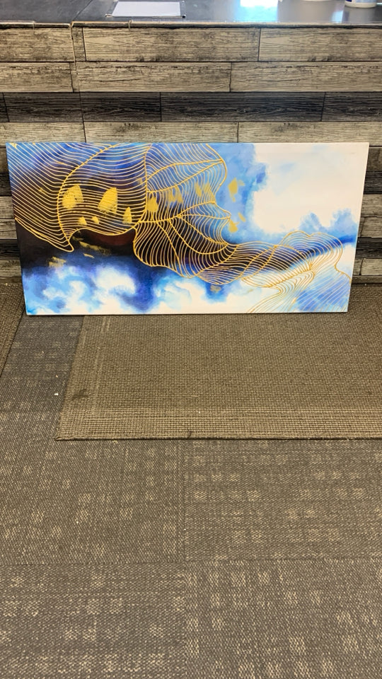 HORIZONTAL BLUE/WHITE ABSTRACT CANVAS W/GOLD DESIGNS.