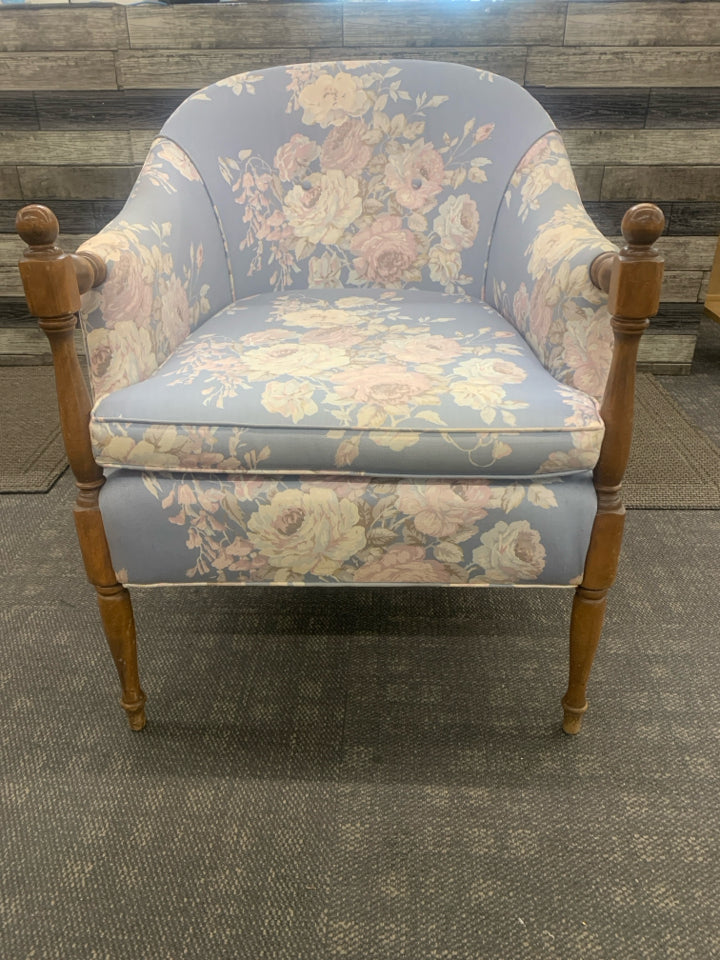 LT BLUE FLORAL ACCENT CHAIR, WOOD SPINDLE LEGS.