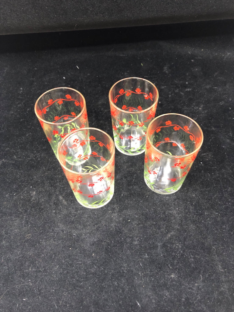 4 RED AND GREEN FLORAL JUICE GLASSES.