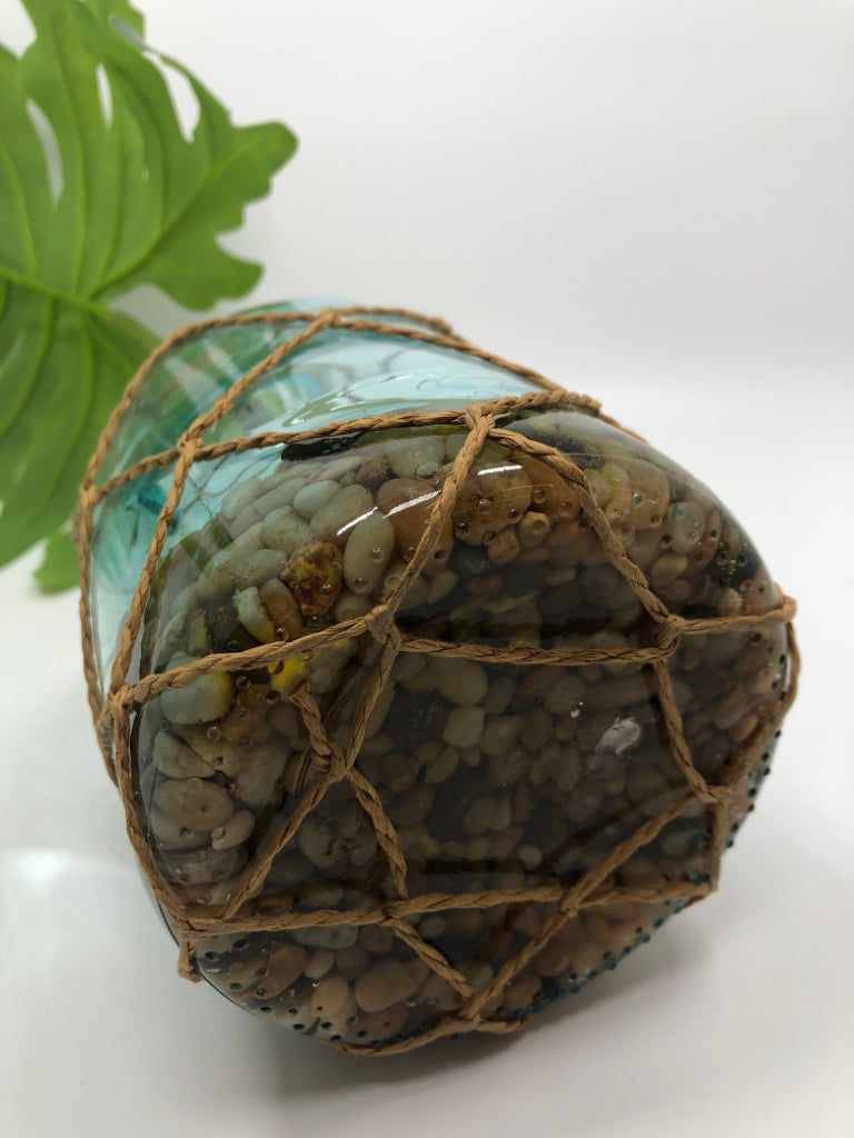LG LEAF IN TWINE WRAPPED VASE.