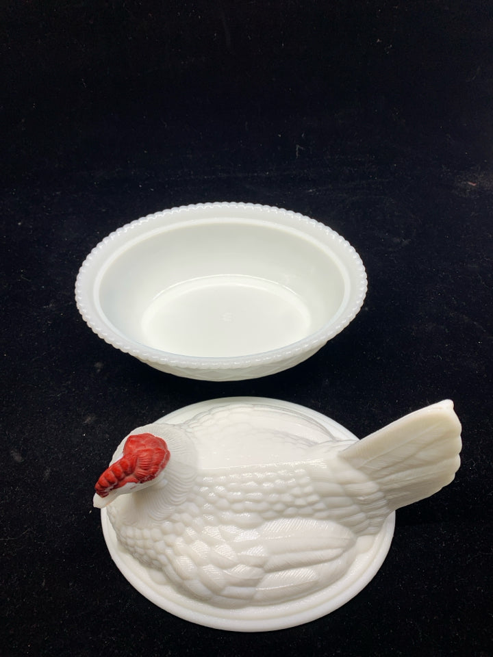 VTG MILK GLASS ROOSTER CANDY DISH.