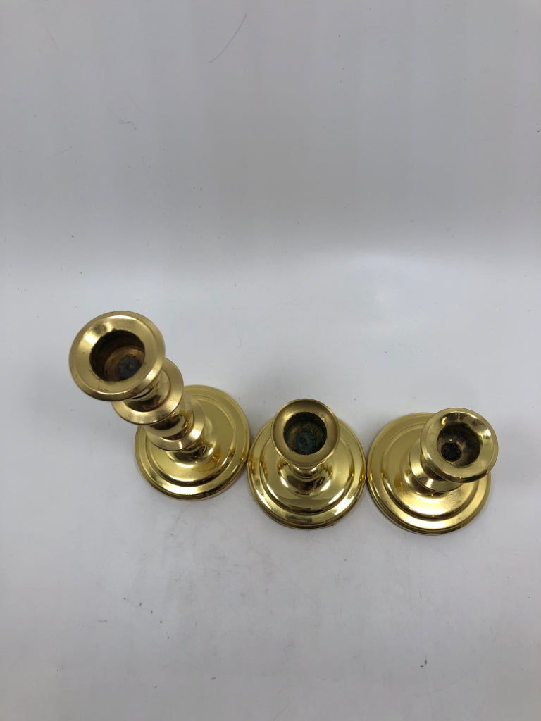 3PC BALDWIN POLISHED BRASS TAPER CANDLE HOLDERS.