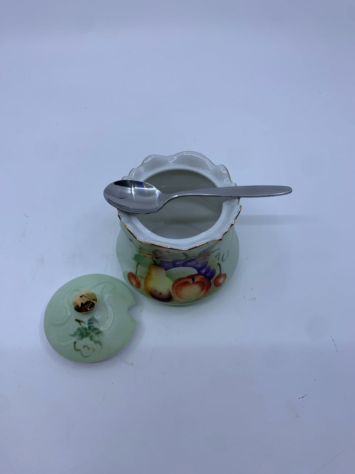 VTG GREEN SUGAR BOWL W SPOON.