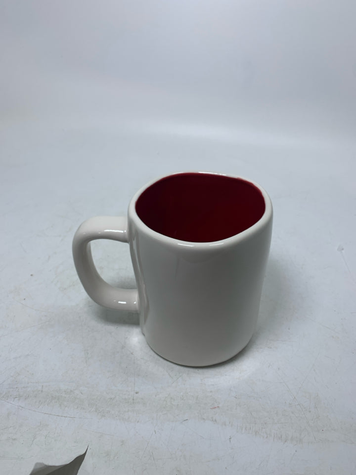 WHITE REA DUNN SANTA W/ RED INSIDE MUG.